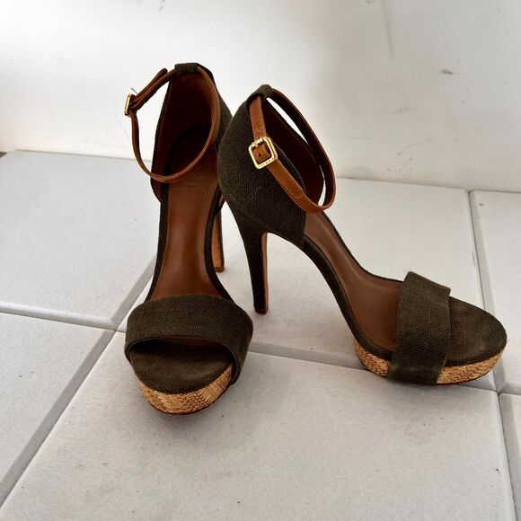Tory Burch Amina Women Sandal Sz 7.5M Olive Woven Platform High Heel Ankle Strap - Picture 2 of 16